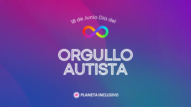 fondo multicolor, texto1: (letra pequeña color blanco) 18 de junio dia del (letra color blanco formato grande) "orgullo autista" en pa parte inferior el logo de planeta inclusivo